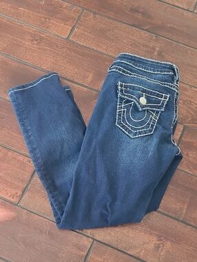 Tru Religion Skinny Big T Flap Bule White Stitch Jeans Size 26